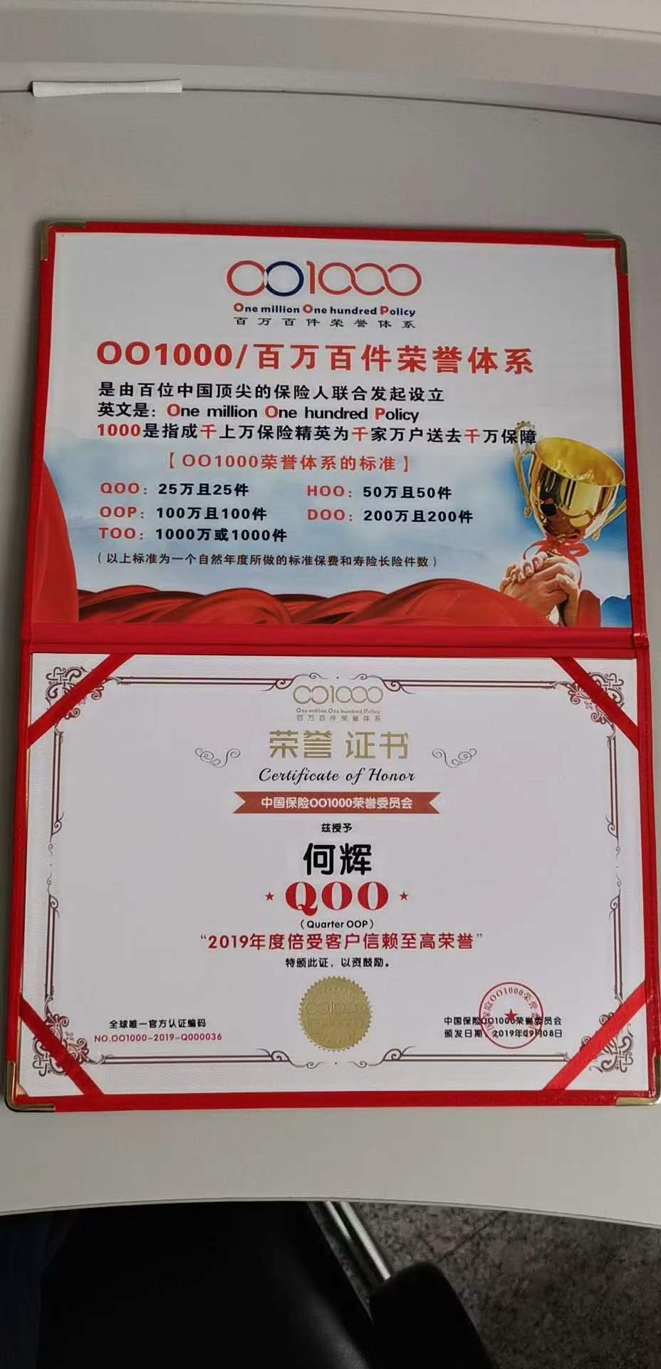 北京中国人寿何辉荣誉证书
